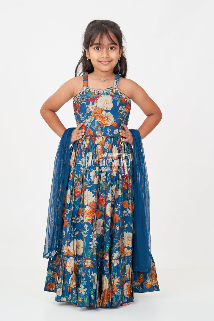 Girls blue lehenga set in Floral Digital Print Georgette with Tassel Detail and Matching Dupatta