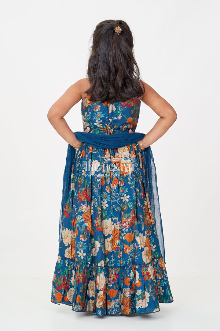 Girls blue lehenga set in Floral Digital Print Georgette with Tassel Detail and Matching Dupatta