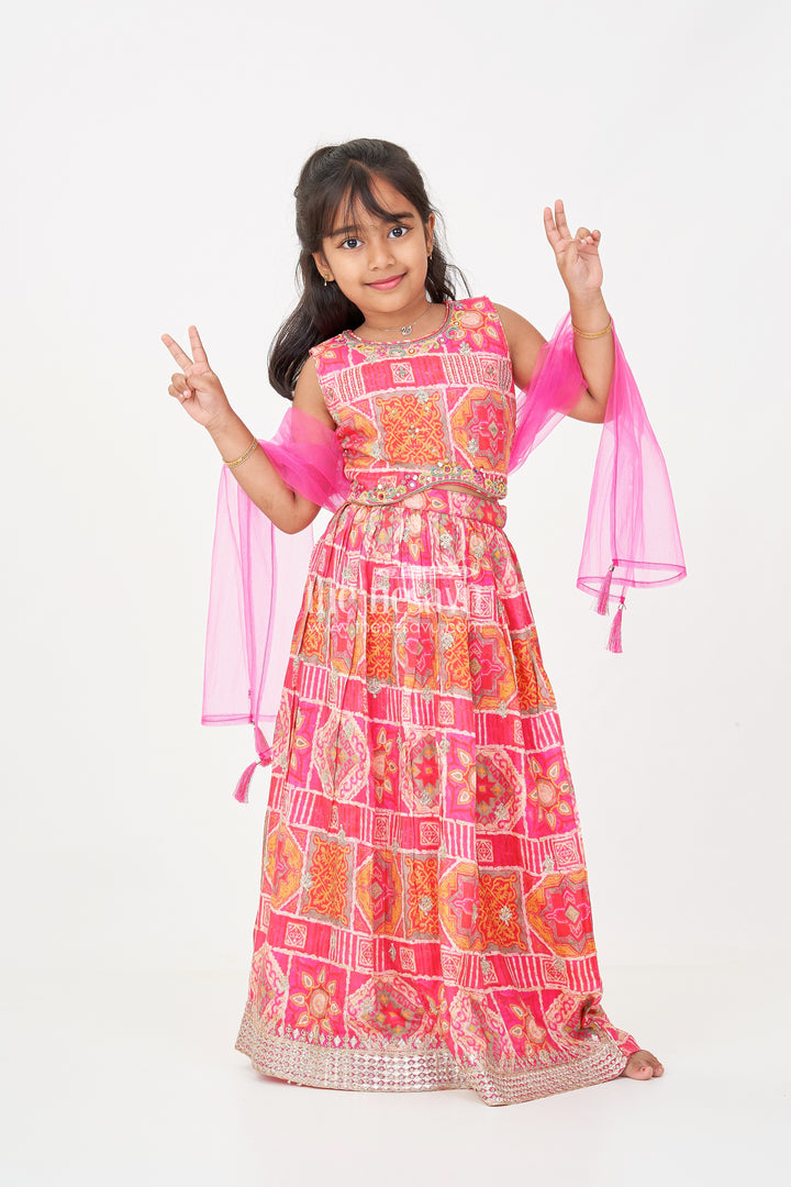 Girls Hot Pink Lehenga in Chinon Silk with Abstract Digital Print and Embellished Choli