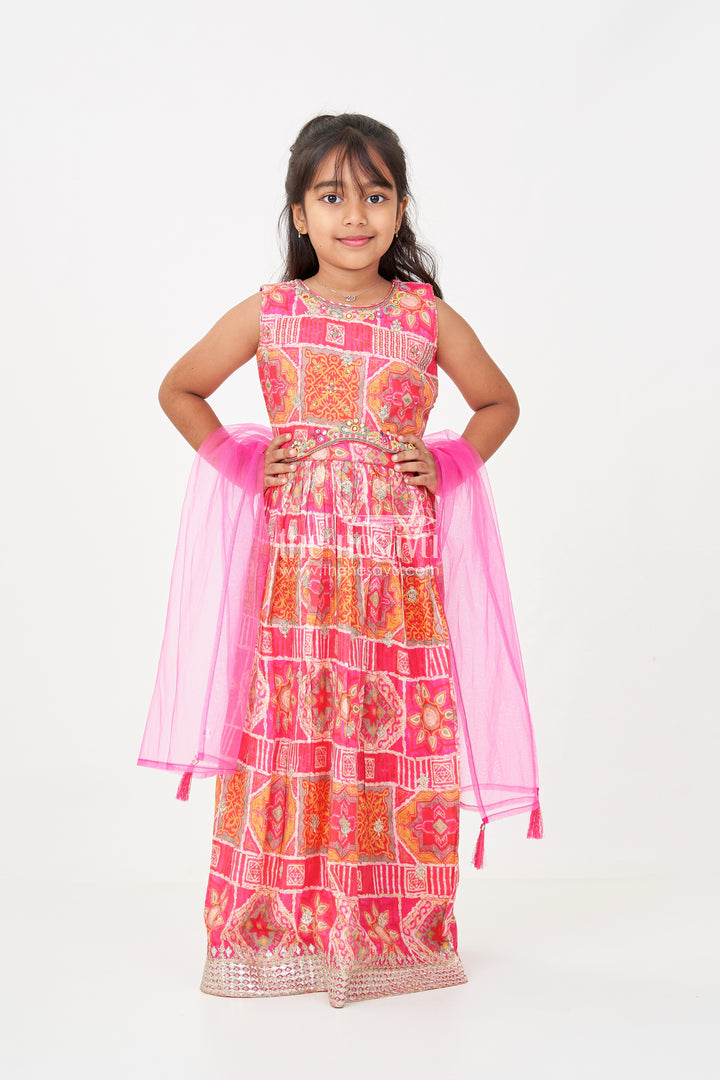 Girls Hot Pink Lehenga in Chinon Silk with Abstract Digital Print and Embellished Choli