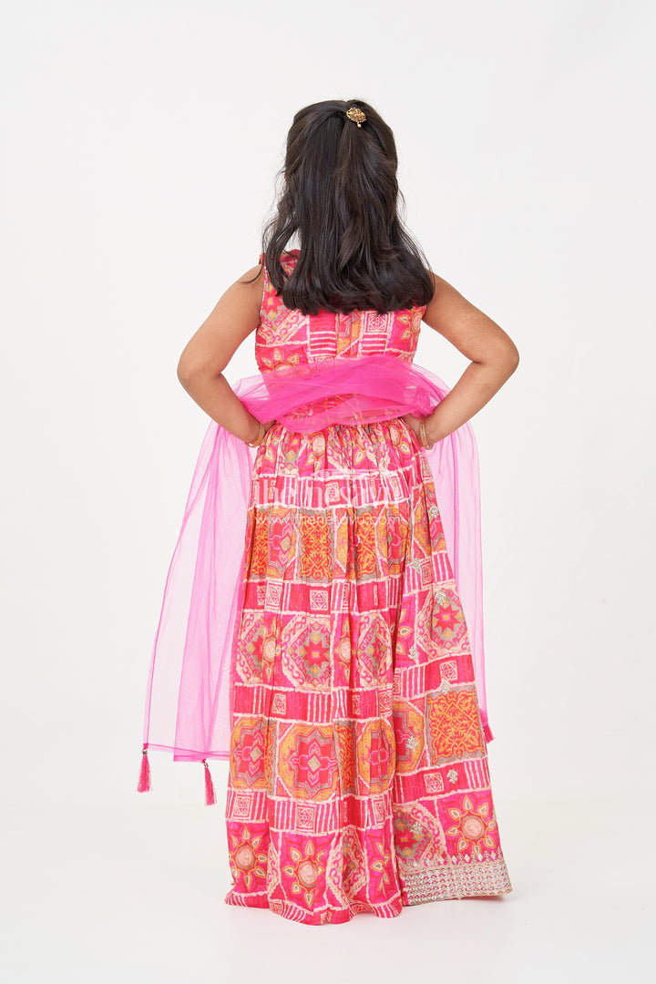Girls Hot Pink Lehenga in Chinon Silk with Abstract Digital Print and Embellished Choli