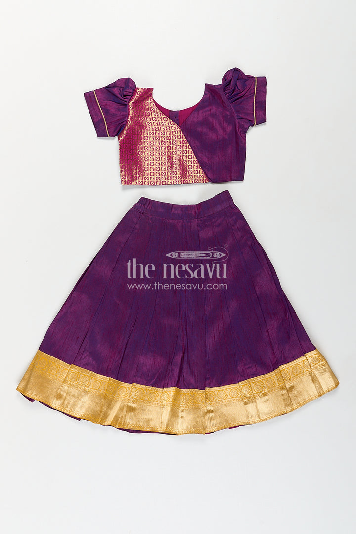 Girls Silk Banarasi Lehenga in Semi Jacquard with Raw Silk Skirt and Puff Sleeves for Elegant Looks