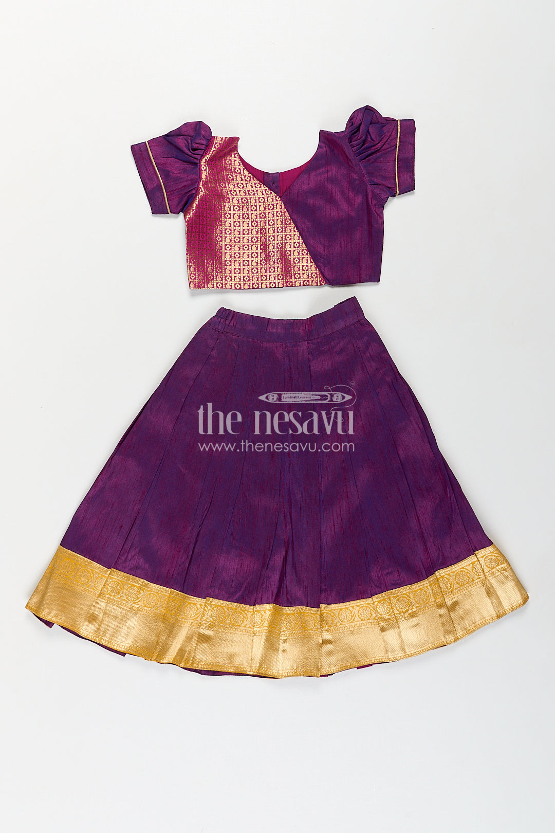 Girls Silk Banarasi Lehenga in Semi Jacquard with Raw Silk Skirt and Puff Sleeves for Elegant Looks
