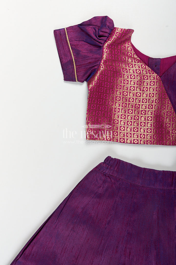 Girls Silk Banarasi Lehenga in Semi Jacquard with Raw Silk Skirt and Puff Sleeves for Elegant Looks
