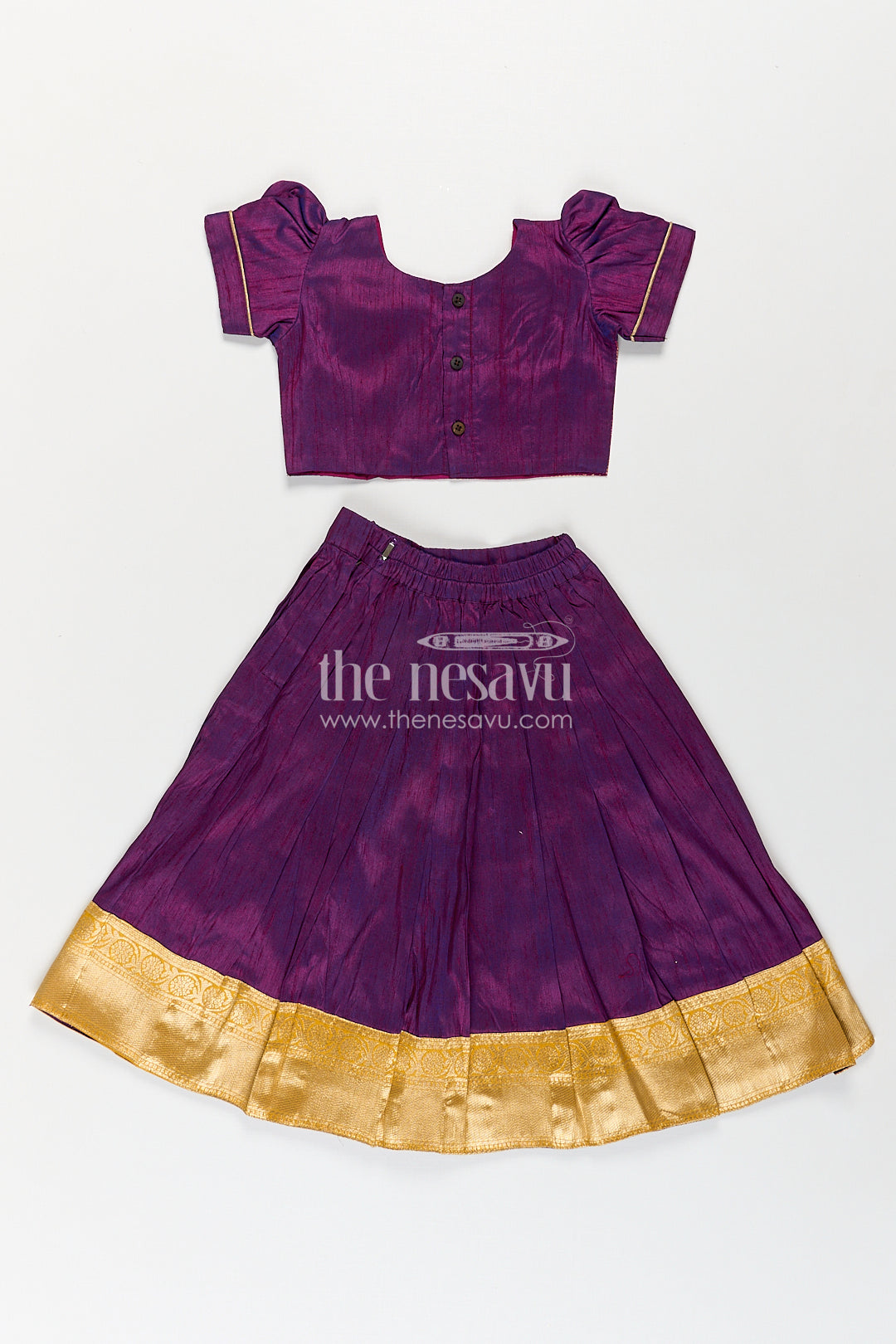 Girls Silk Banarasi Lehenga in Semi Jacquard with Raw Silk Skirt and Puff Sleeves for Elegant Looks