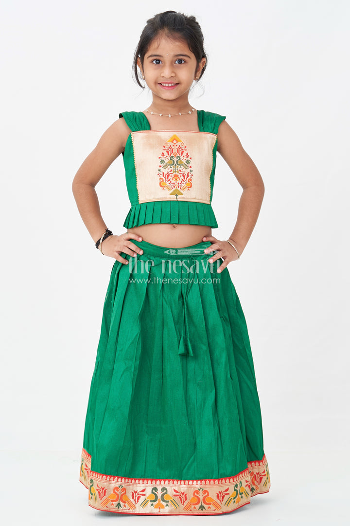 Girls Lehengha Pattu in Green Raw Silk with Paithani Border and Embellished Yoke