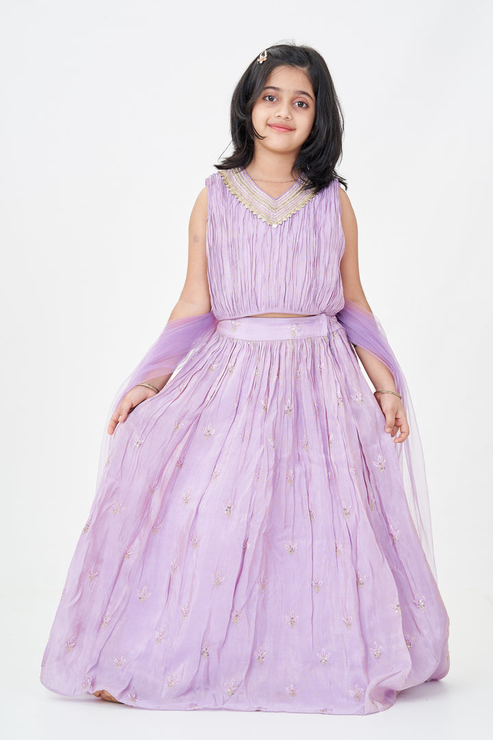 Girls Light Purple Lehenga in Viscose Tissue with Thread Embroidery and Pleated Flared Skirt
