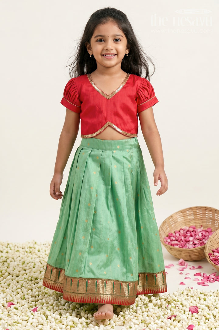 Lehenga Pavadai for Girls in Green and Pink with Paithani Embellished Banaras Silk Finish