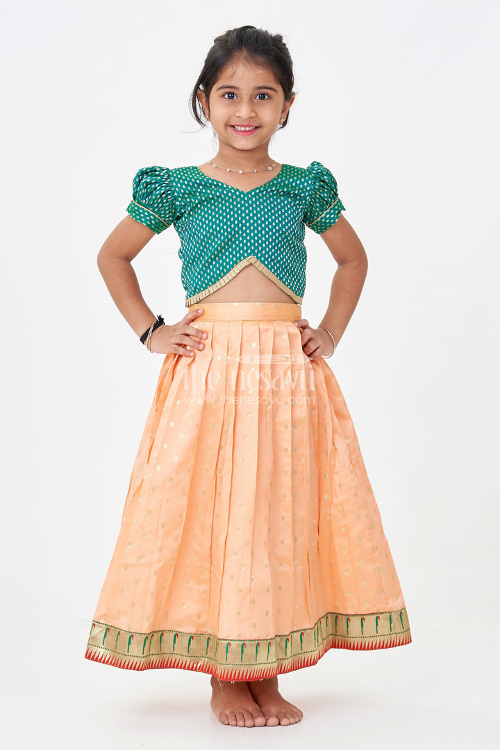 Lehenga Pattu Pavadai for Girls in Orange and Green with Paithani Embellished Banaras Skirt