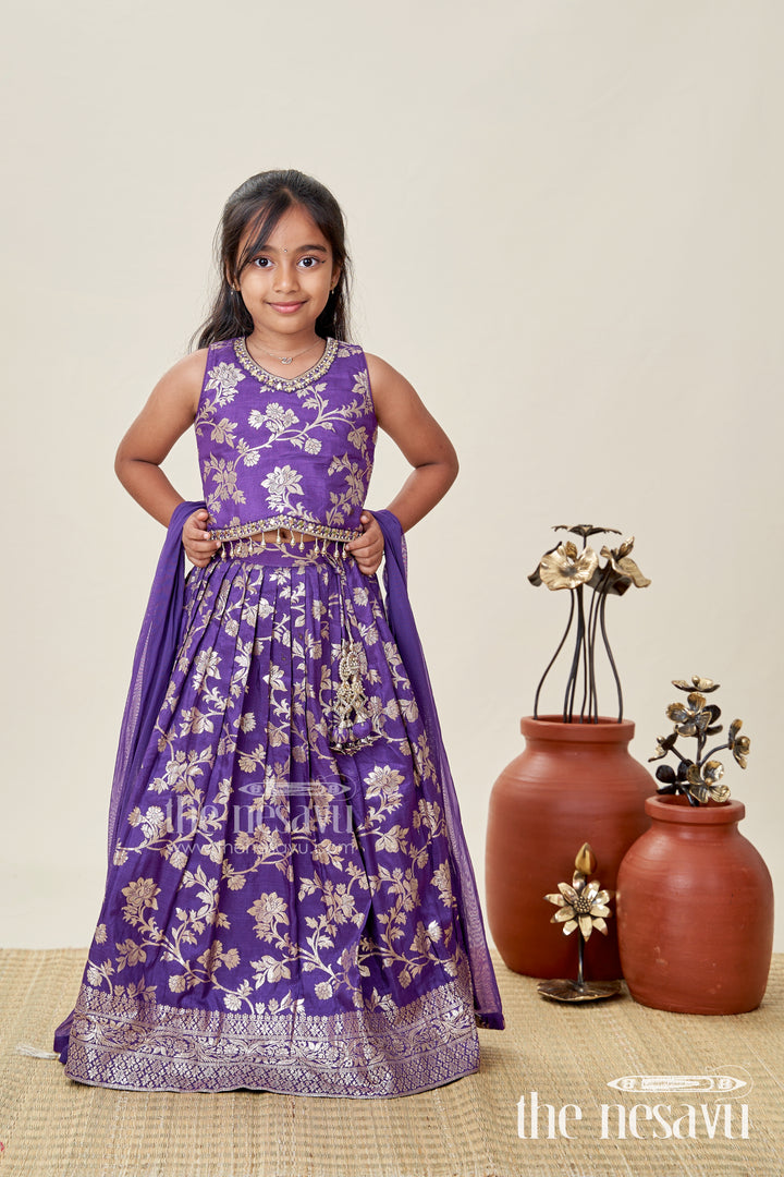 Girls Semi Banaras Lehenga Dark Purple with Floral Jaal Jacquard and Stone Beaded Blouse