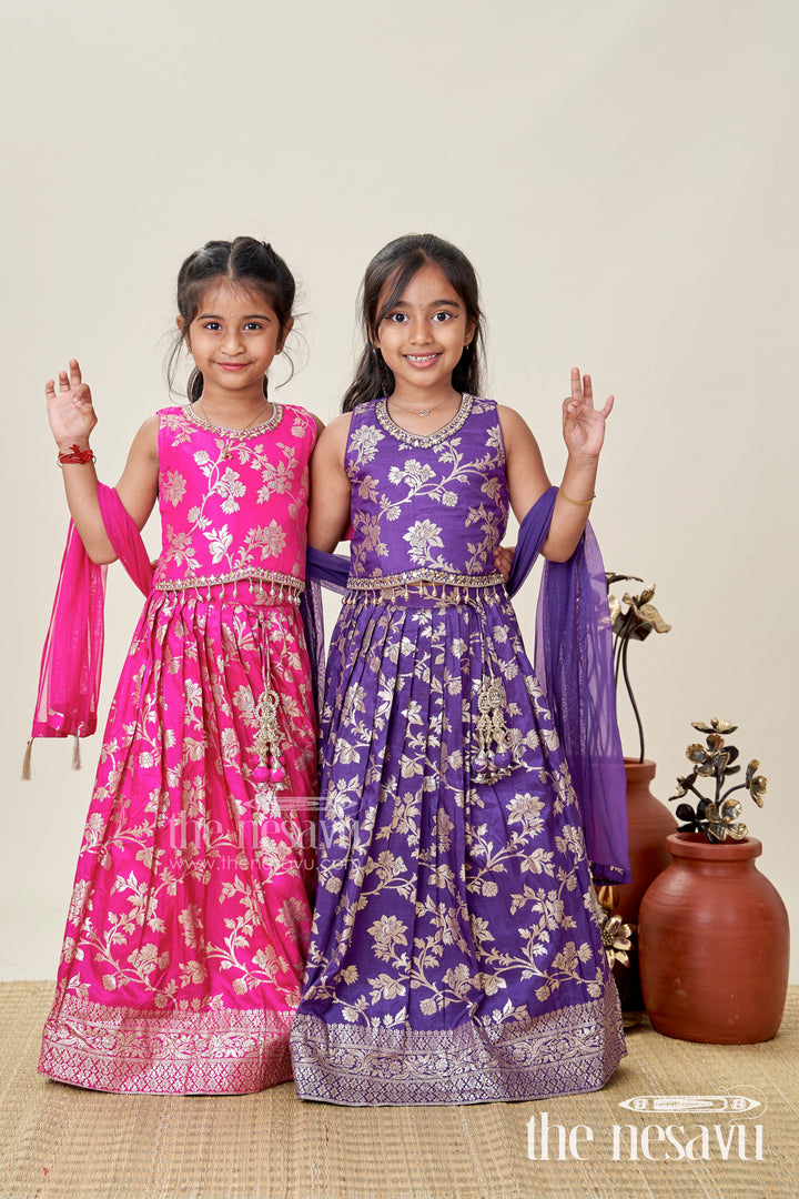 Girls Semi Banaras Lehenga Dark Purple with Floral Jaal Jacquard and Stone Beaded Blouse