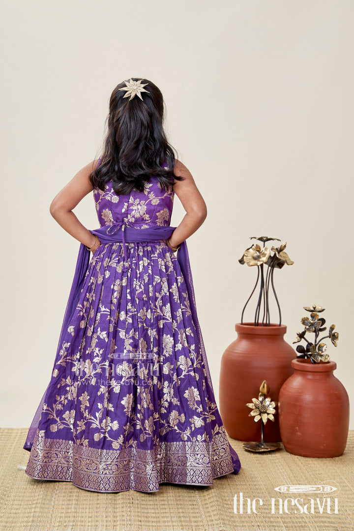 Girls Semi Banaras Lehenga Dark Purple with Floral Jaal Jacquard and Stone Beaded Blouse