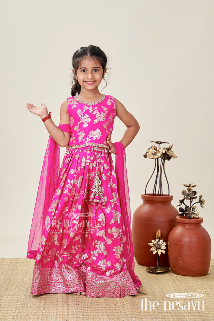 Girls Semi Banaras Lehenga Dress Pink with Floral Jaal Weaving and Bead Trimmed Choli