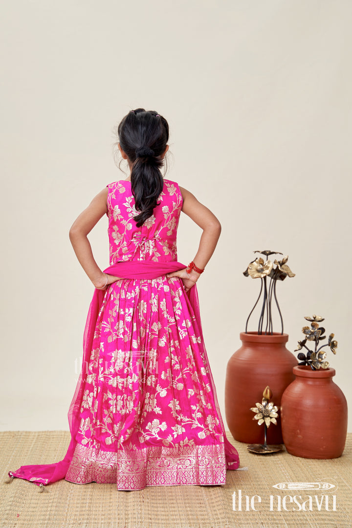 Girls Semi Banaras Lehenga Dress Pink with Floral Jaal Weaving and Bead Trimmed Choli