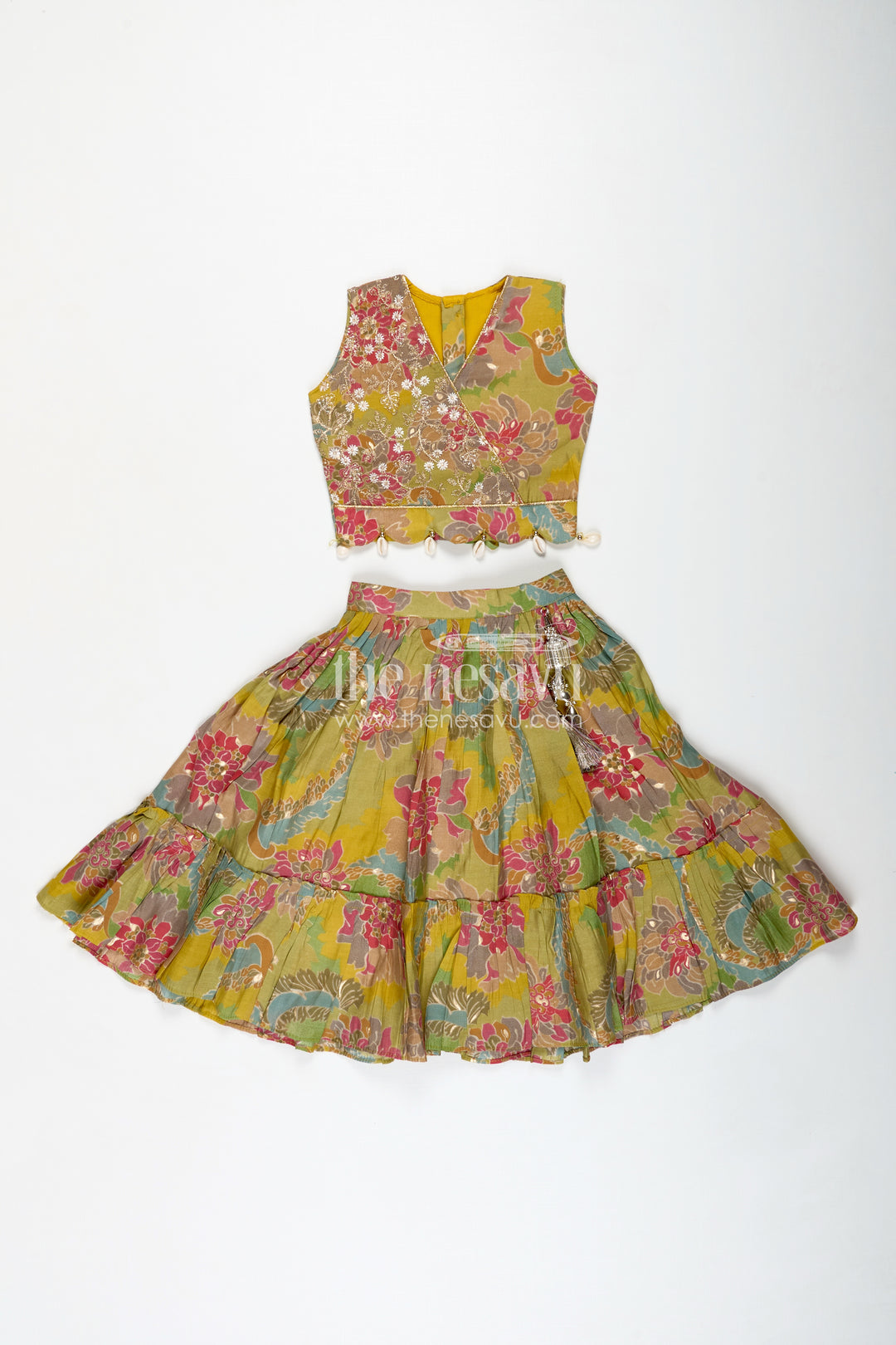 Girls Lehenga Choli in Yellow Colour with Muslin Silk Digital Print and Thread Embroidery Yoke