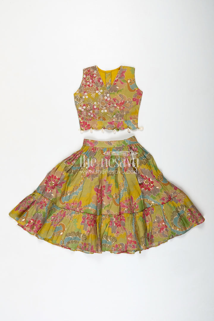 Girls Lehenga Choli in Yellow Colour with Muslin Silk Digital Print and Thread Embroidery Yoke