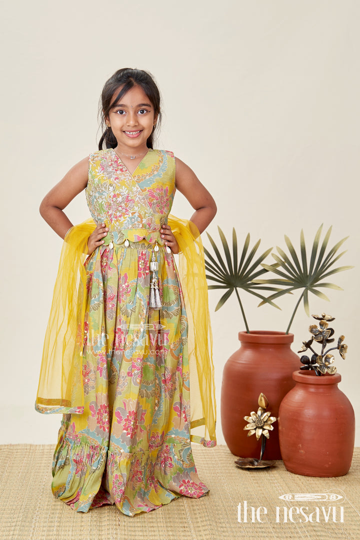 Girls Lehenga Choli in Yellow Colour with Muslin Silk Digital Print and Thread Embroidery Yoke