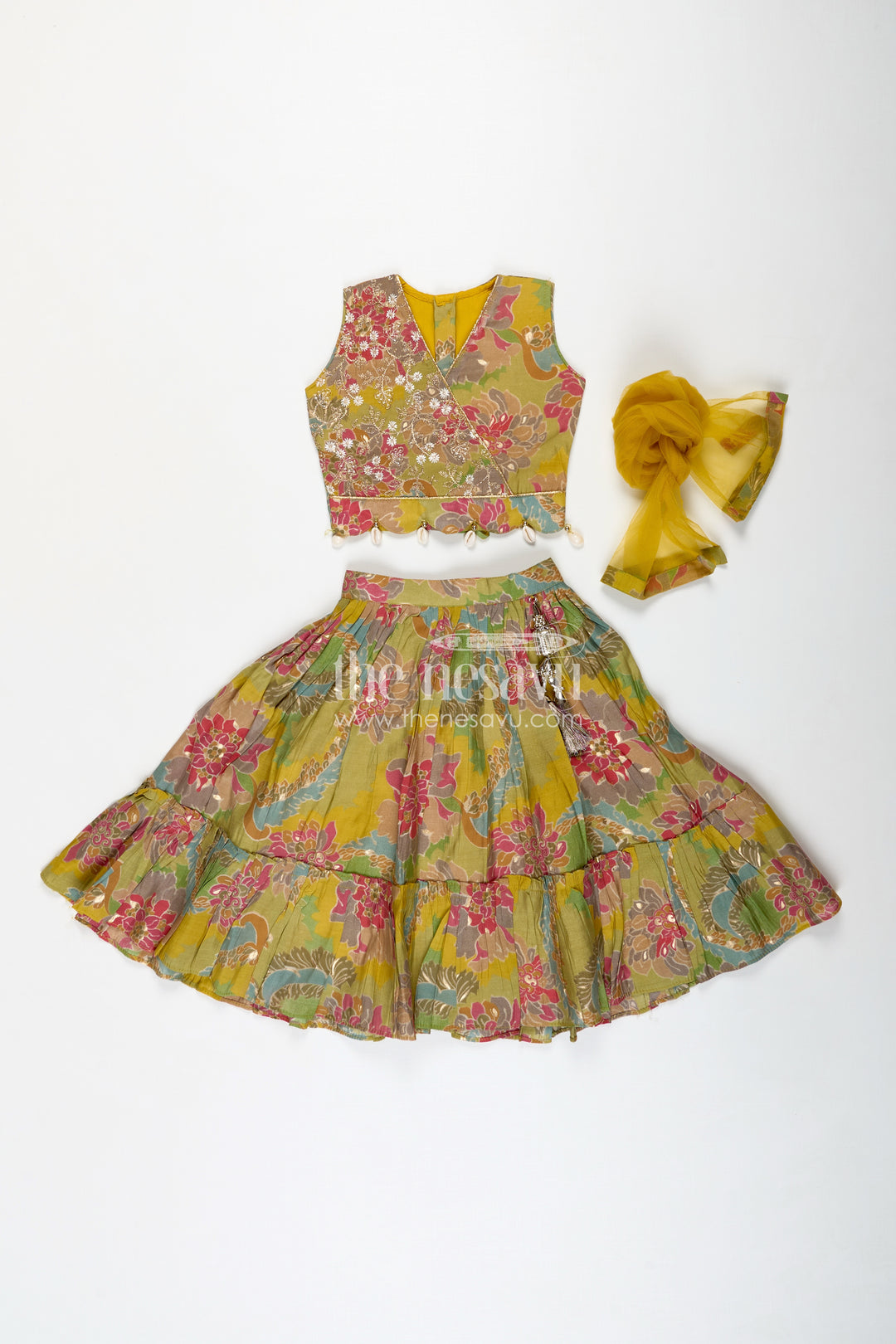 Girls Lehenga Choli in Yellow Colour with Muslin Silk Digital Print and Thread Embroidery Yoke