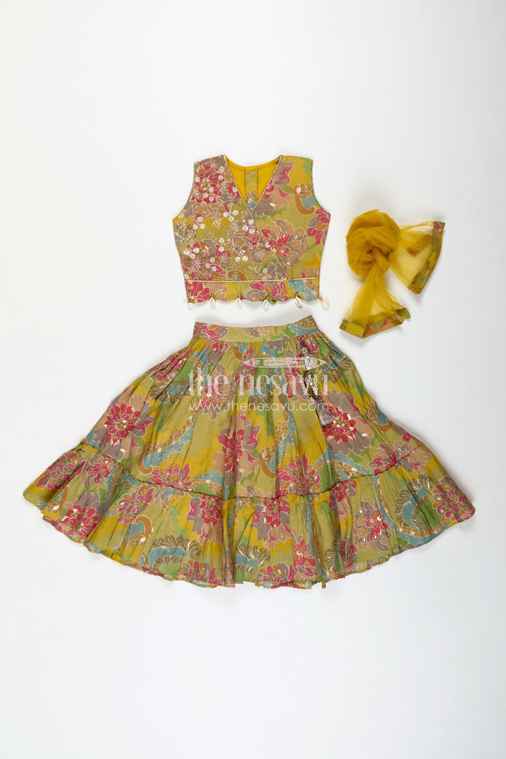 Girls Lehenga Choli in Yellow Colour with Muslin Silk Digital Print and Thread Embroidery Yoke