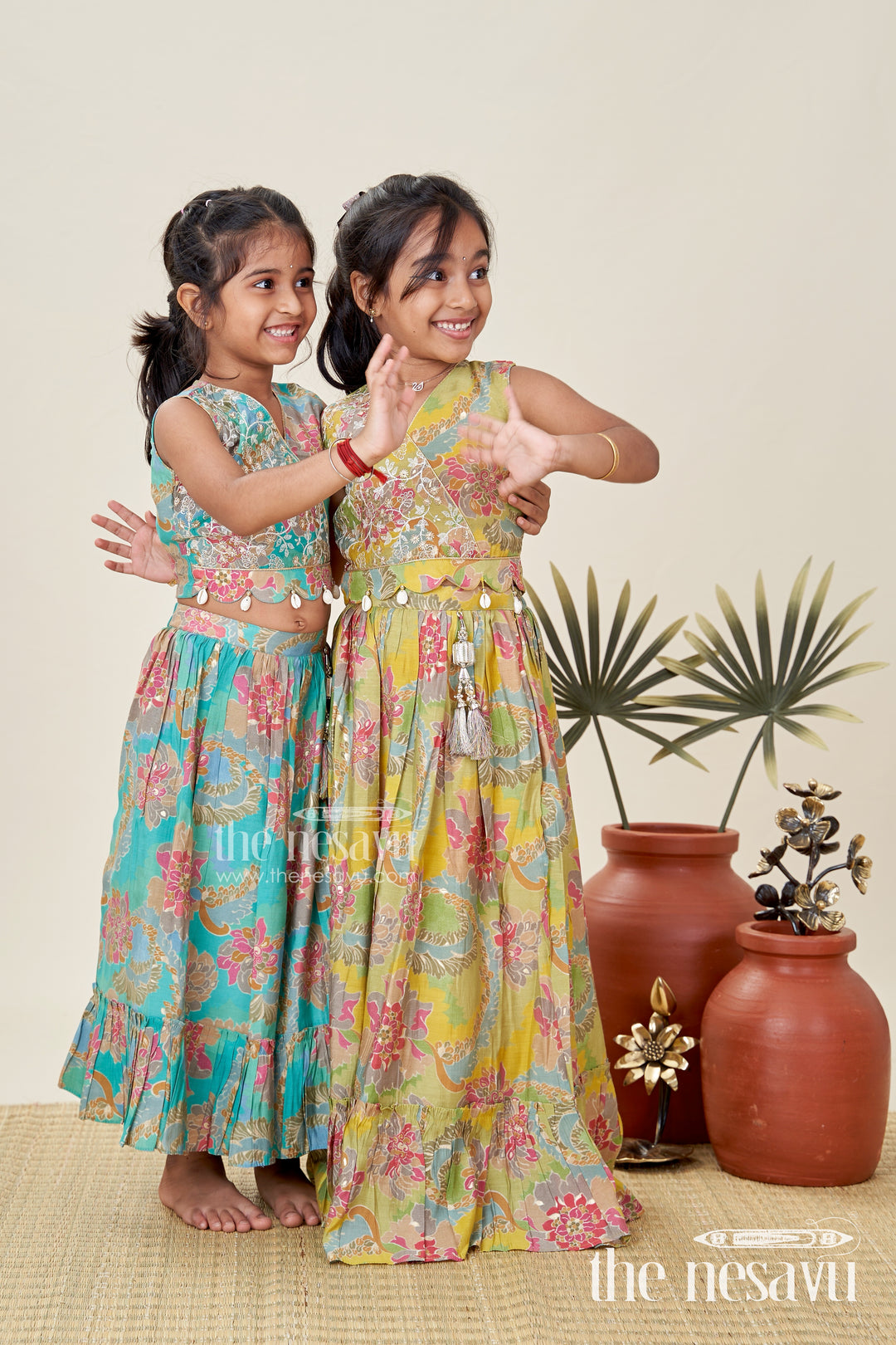 Girls Lehenga Choli in Yellow Colour with Muslin Silk Digital Print and Thread Embroidery Yoke