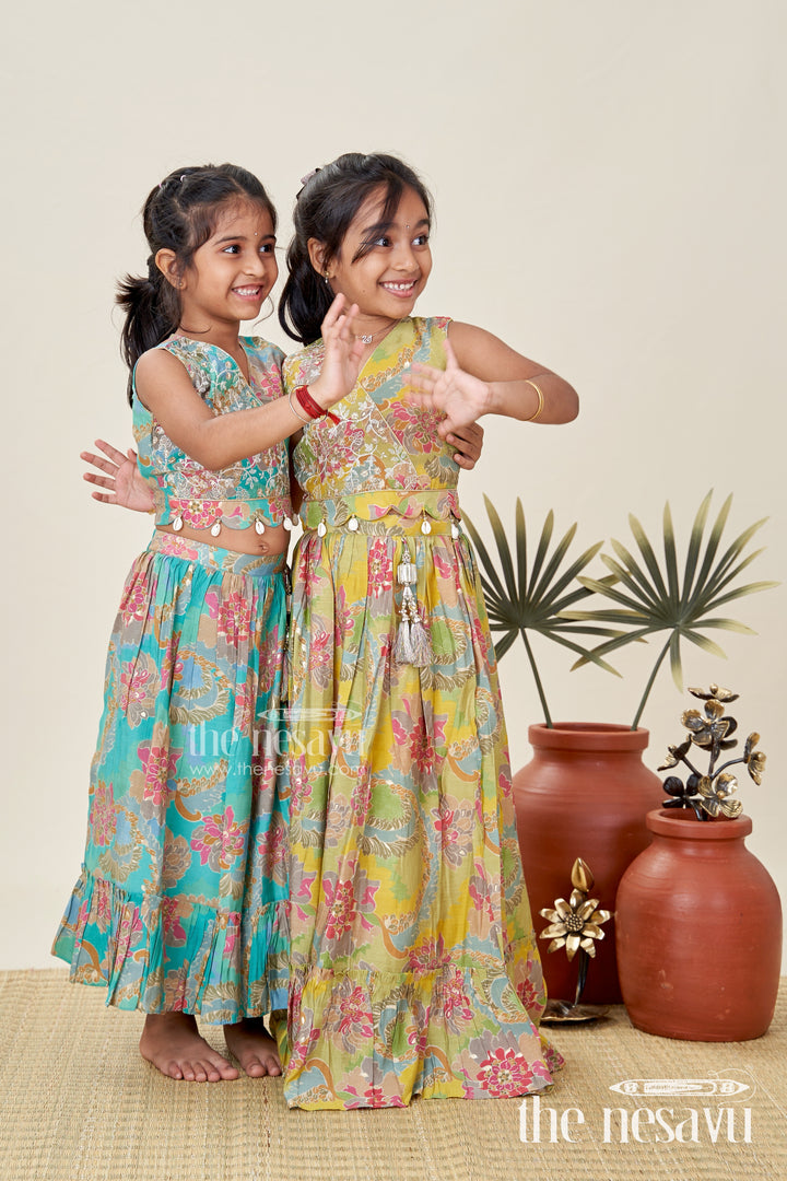 Girls Lehenga Choli in Yellow Colour with Muslin Silk Digital Print and Thread Embroidery Yoke