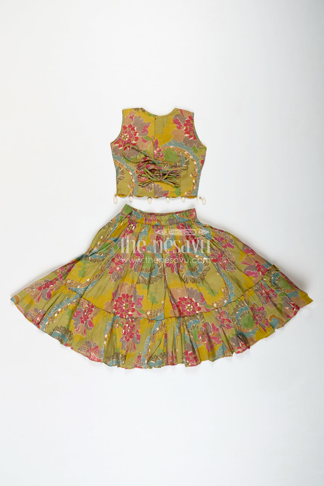 Girls Lehenga Choli in Yellow Colour with Muslin Silk Digital Print and Thread Embroidery Yoke
