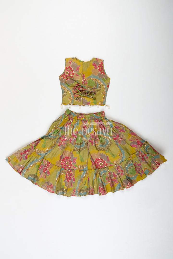 Girls Lehenga Choli in Yellow Colour with Muslin Silk Digital Print and Thread Embroidery Yoke
