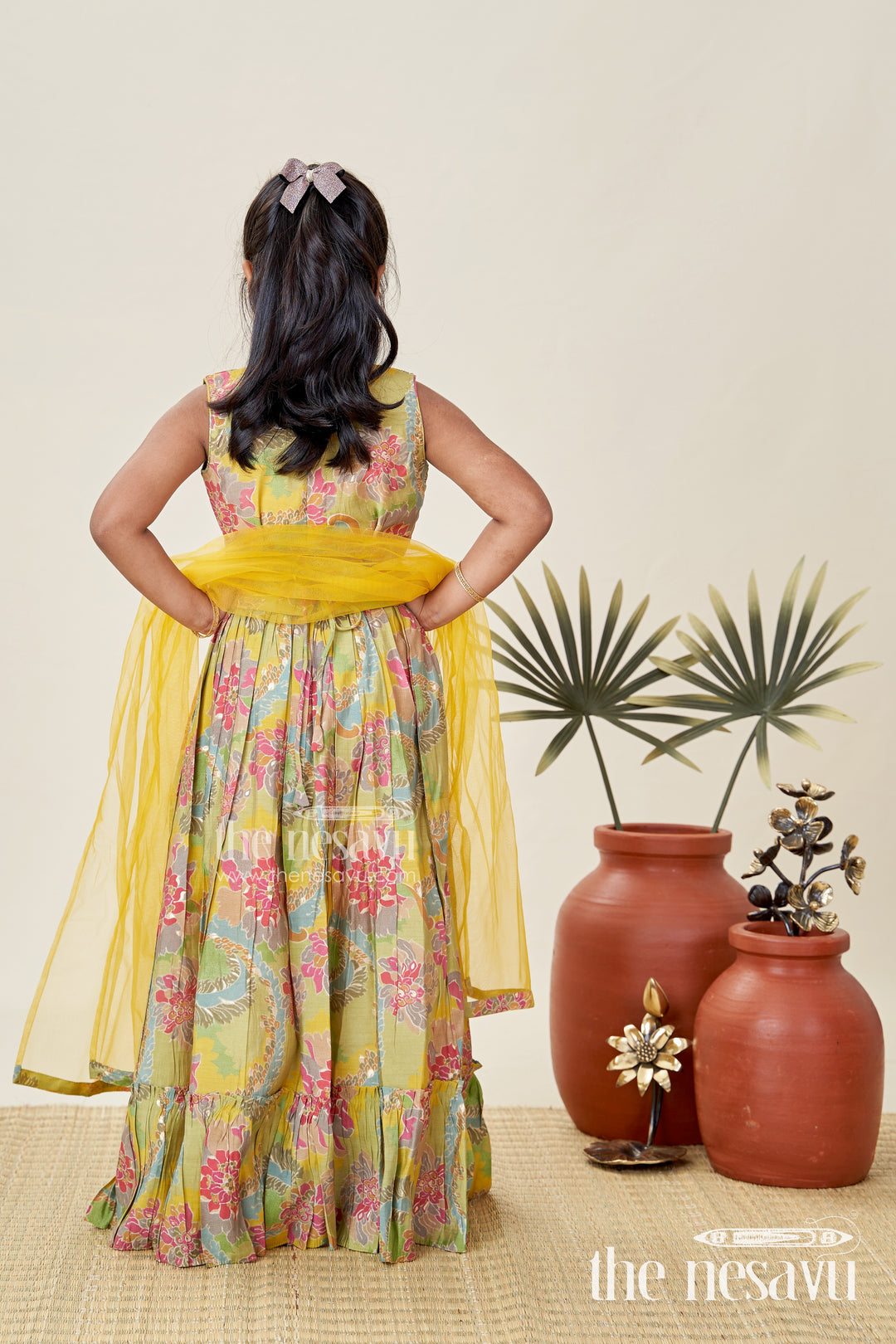 Girls Lehenga Choli in Yellow Colour with Muslin Silk Digital Print and Thread Embroidery Yoke