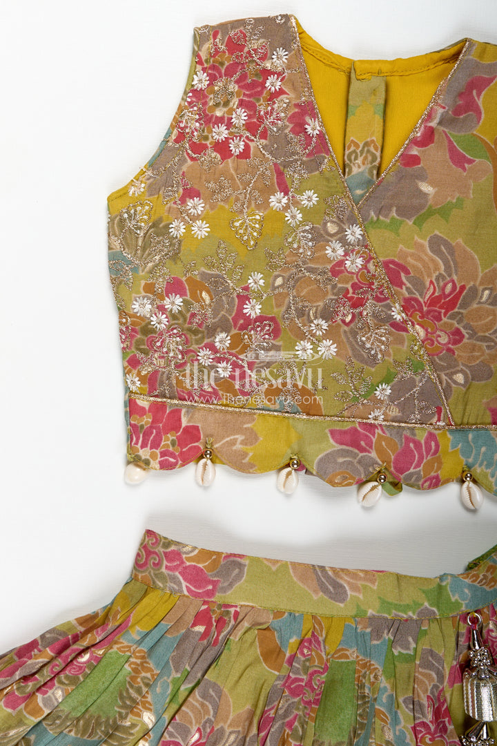 Girls Lehenga Choli in Yellow Colour with Muslin Silk Digital Print and Thread Embroidery Yoke