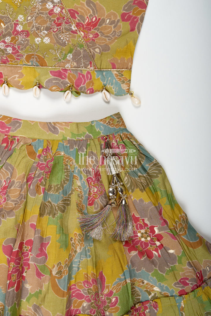 Girls Lehenga Choli in Yellow Colour with Muslin Silk Digital Print and Thread Embroidery Yoke