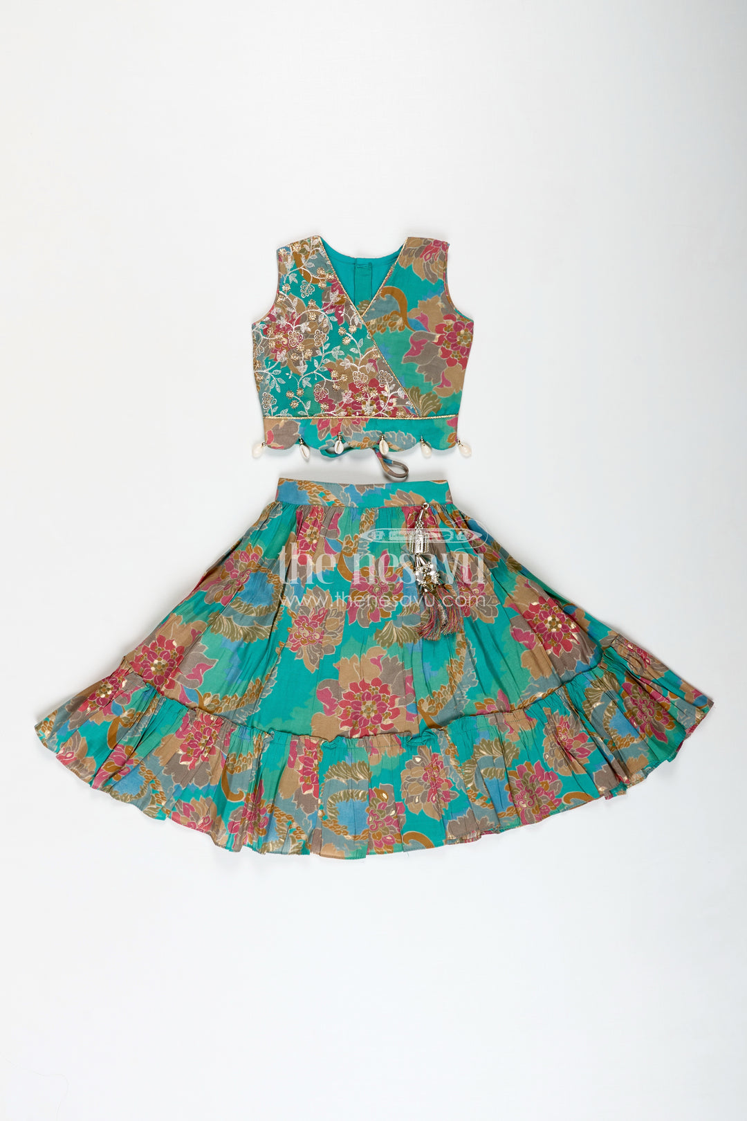Girls Blue Lehenga in Muslin Silk with Digital Floral Print and Thread Embroidery Yoke with Tassel Accents
