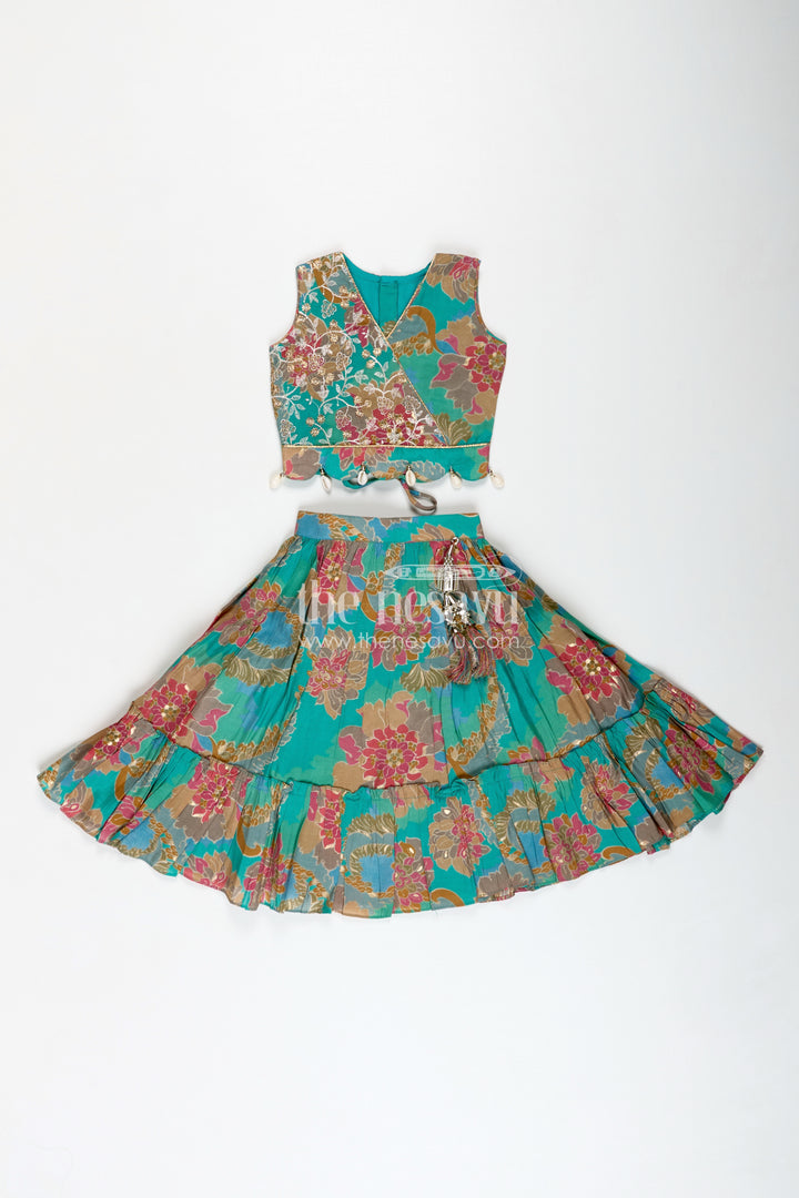 Girls Blue Lehenga in Muslin Silk with Digital Floral Print and Thread Embroidery Yoke with Tassel Accents