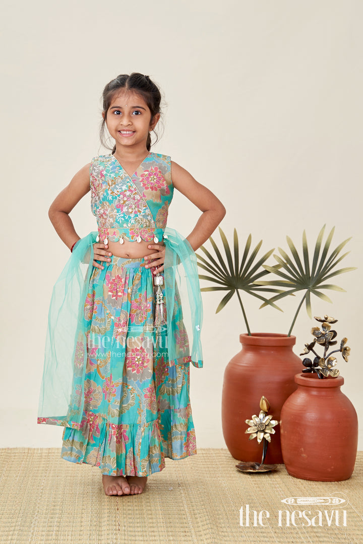 Girls Blue Lehenga in Muslin Silk with Digital Floral Print and Thread Embroidery Yoke with Tassel Accents