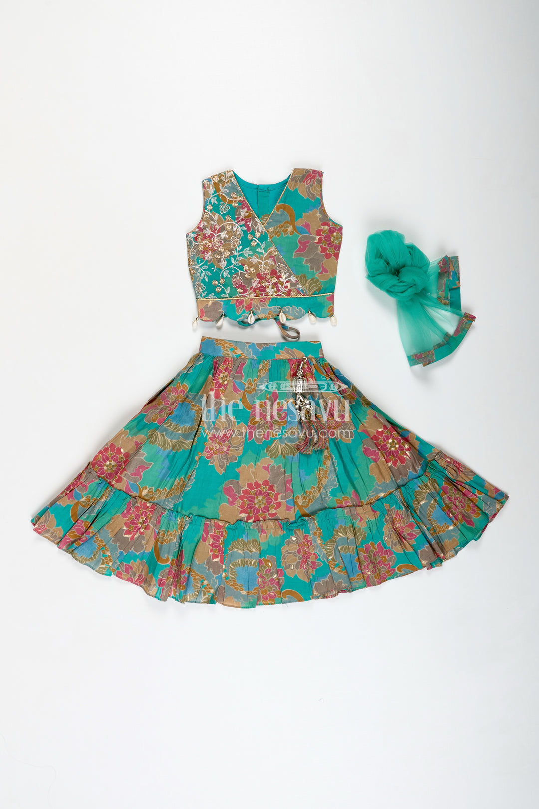 Girls Blue Lehenga in Muslin Silk with Digital Floral Print and Thread Embroidery Yoke with Tassel Accents