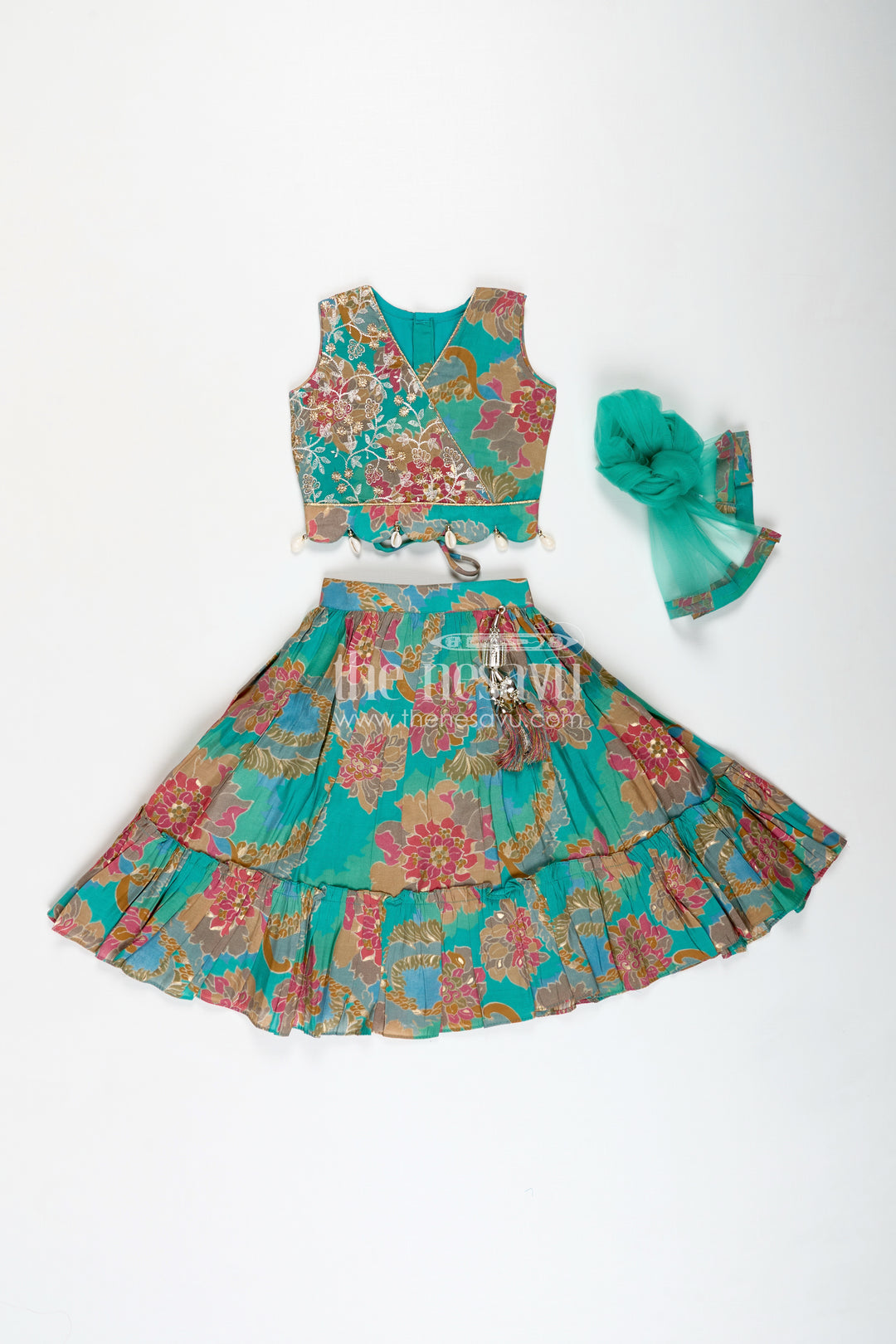 Girls Blue Lehenga in Muslin Silk with Digital Floral Print and Thread Embroidery Yoke with Tassel Accents