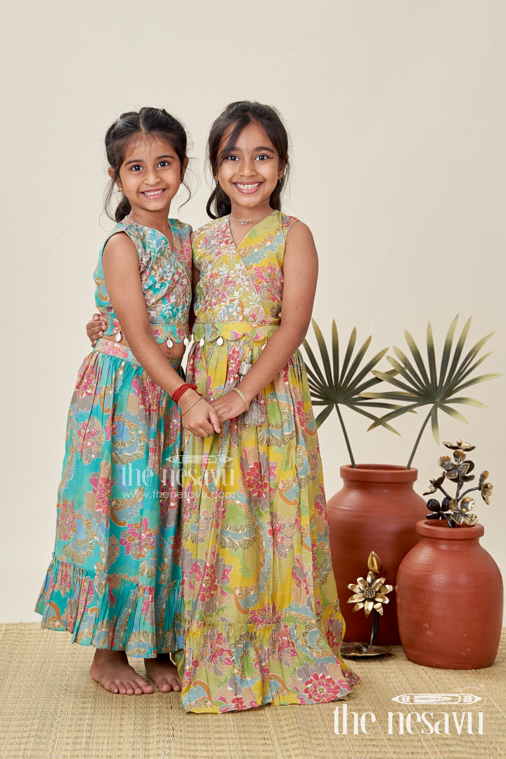 Girls Blue Lehenga in Muslin Silk with Digital Floral Print and Thread Embroidery Yoke with Tassel Accents