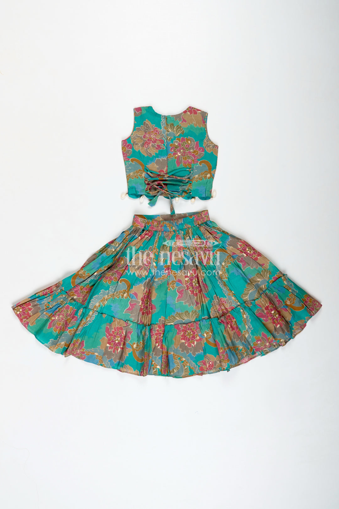 Girls Blue Lehenga in Muslin Silk with Digital Floral Print and Thread Embroidery Yoke with Tassel Accents