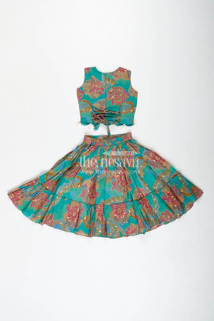 Girls Blue Lehenga in Muslin Silk with Digital Floral Print and Thread Embroidery Yoke with Tassel Accents