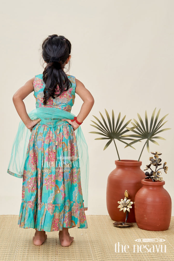Girls Blue Lehenga in Muslin Silk with Digital Floral Print and Thread Embroidery Yoke with Tassel Accents
