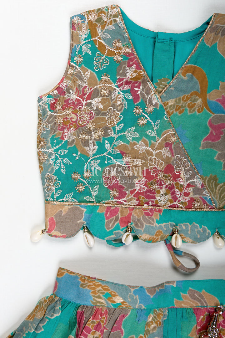 Girls Blue Lehenga in Muslin Silk with Digital Floral Print and Thread Embroidery Yoke with Tassel Accents