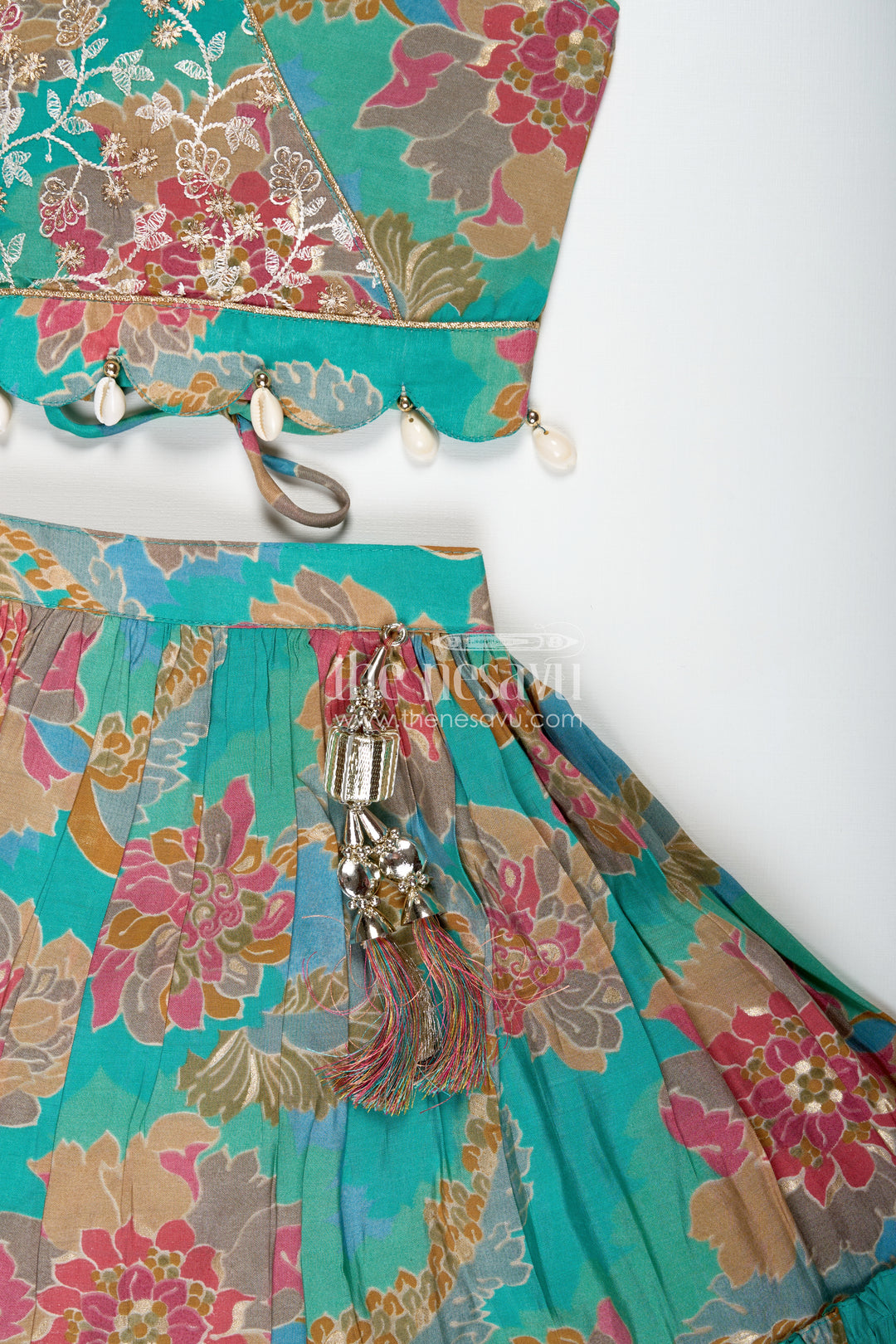 Girls Blue Lehenga in Muslin Silk with Digital Floral Print and Thread Embroidery Yoke with Tassel Accents