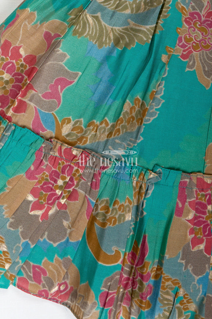 Girls Blue Lehenga in Muslin Silk with Digital Floral Print and Thread Embroidery Yoke with Tassel Accents