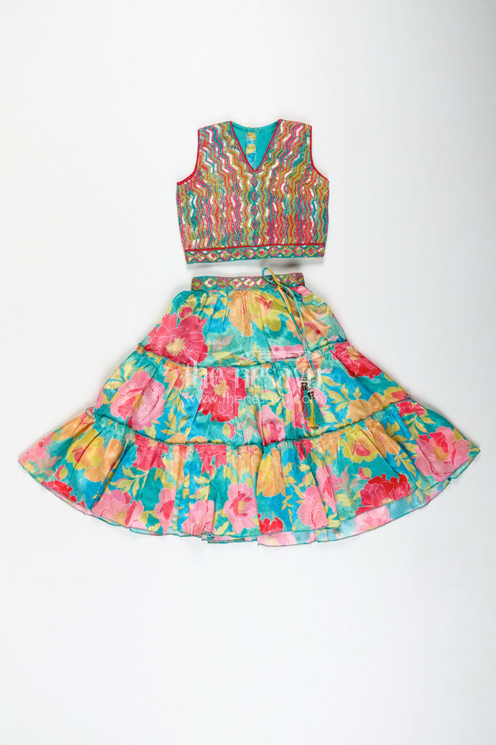 Girls Multi Colour Lehenga Set with Sleeveless Embroidered Choli and Digital Printed Flared Skirt