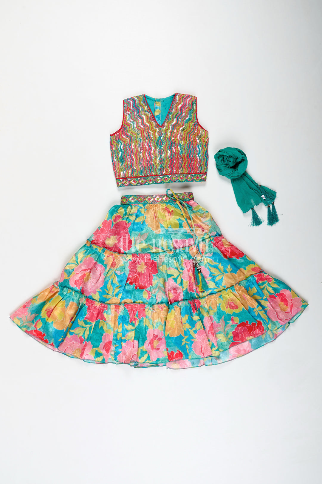 Girls Multi Colour Lehenga Set with Sleeveless Embroidered Choli and Digital Printed Flared Skirt