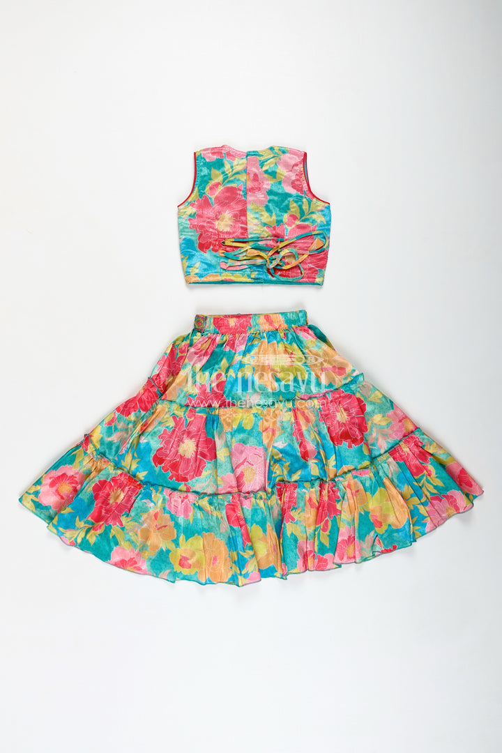 Girls Multi Colour Lehenga Set with Sleeveless Embroidered Choli and Digital Printed Flared Skirt