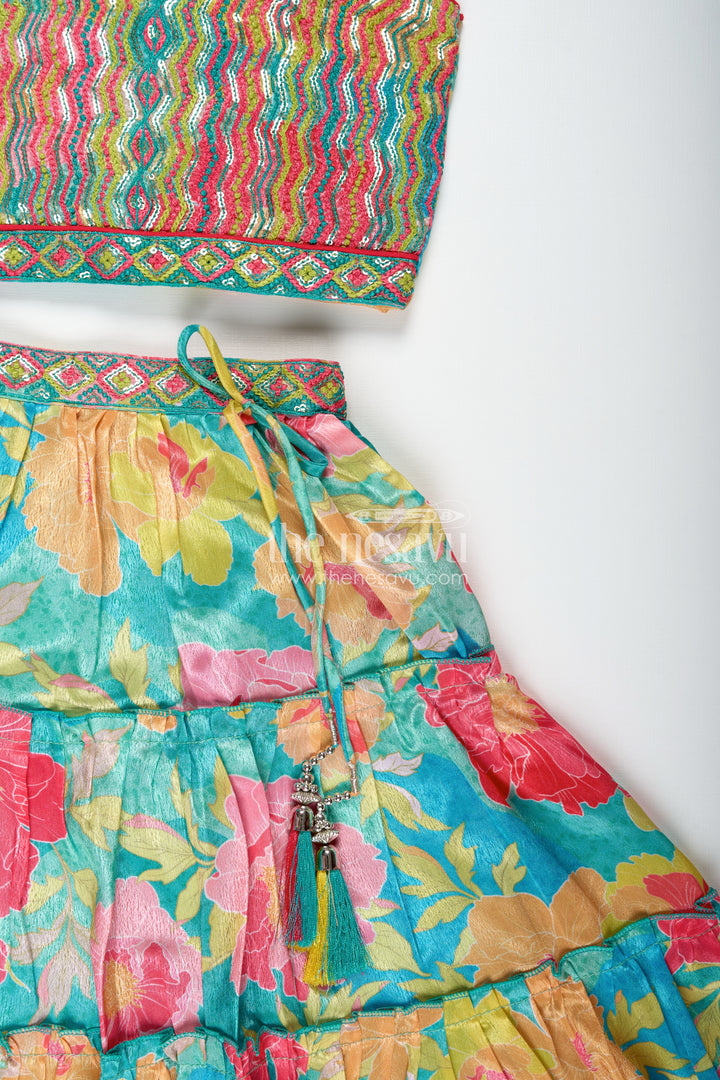 Girls Multi Colour Lehenga Set with Sleeveless Embroidered Choli and Digital Printed Flared Skirt