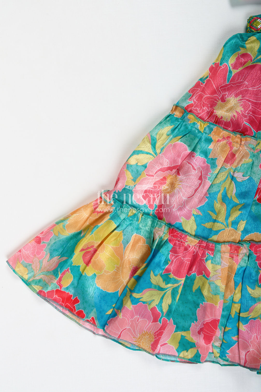 Girls Multi Colour Lehenga Set with Sleeveless Embroidered Choli and Digital Printed Flared Skirt