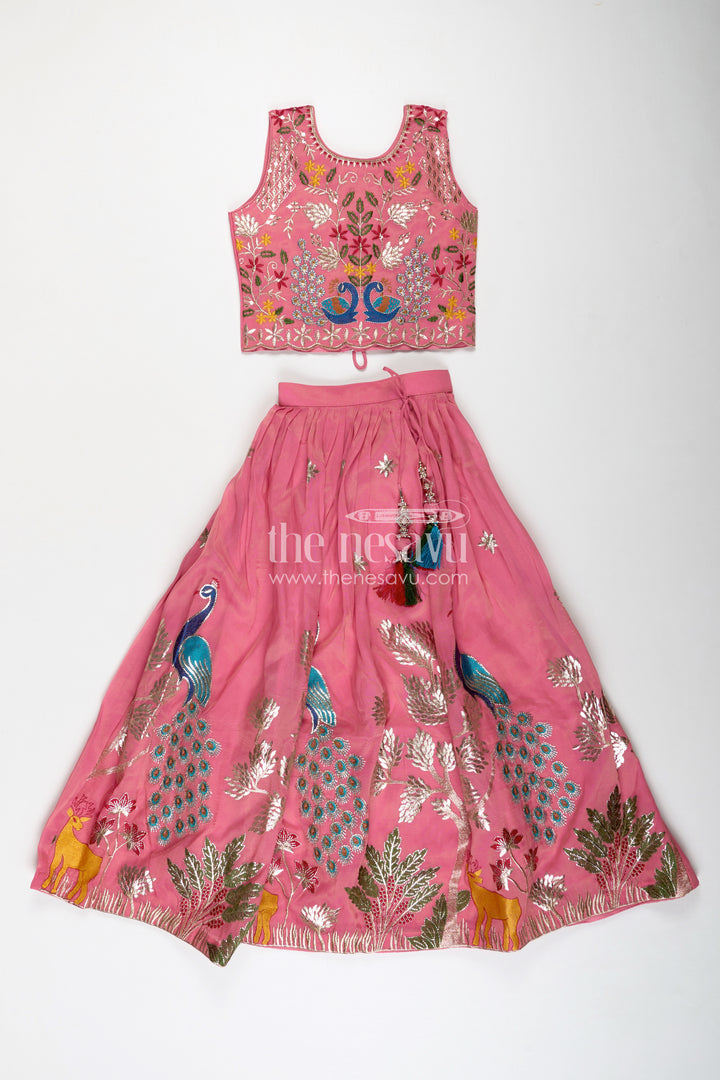 Girls Pink Lehenga in Kora Silk Cotton with Peacock Thread Embroidery and Sleeveless Choli Design