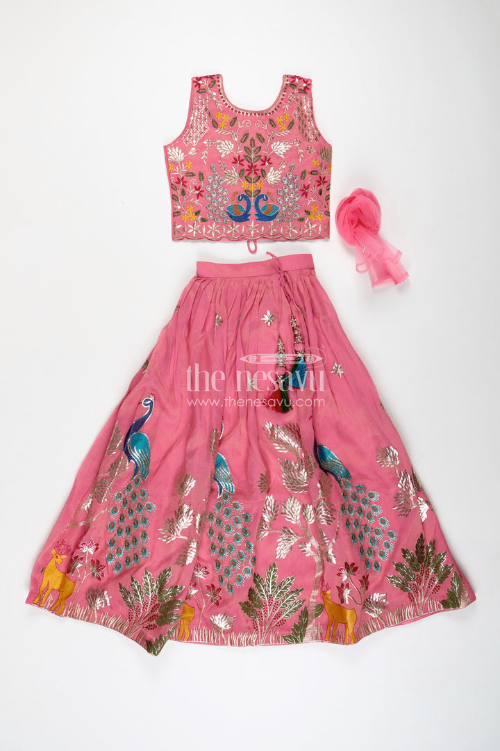 Girls Pink Lehenga in Kora Silk Cotton with Peacock Thread Embroidery and Sleeveless Choli Design
