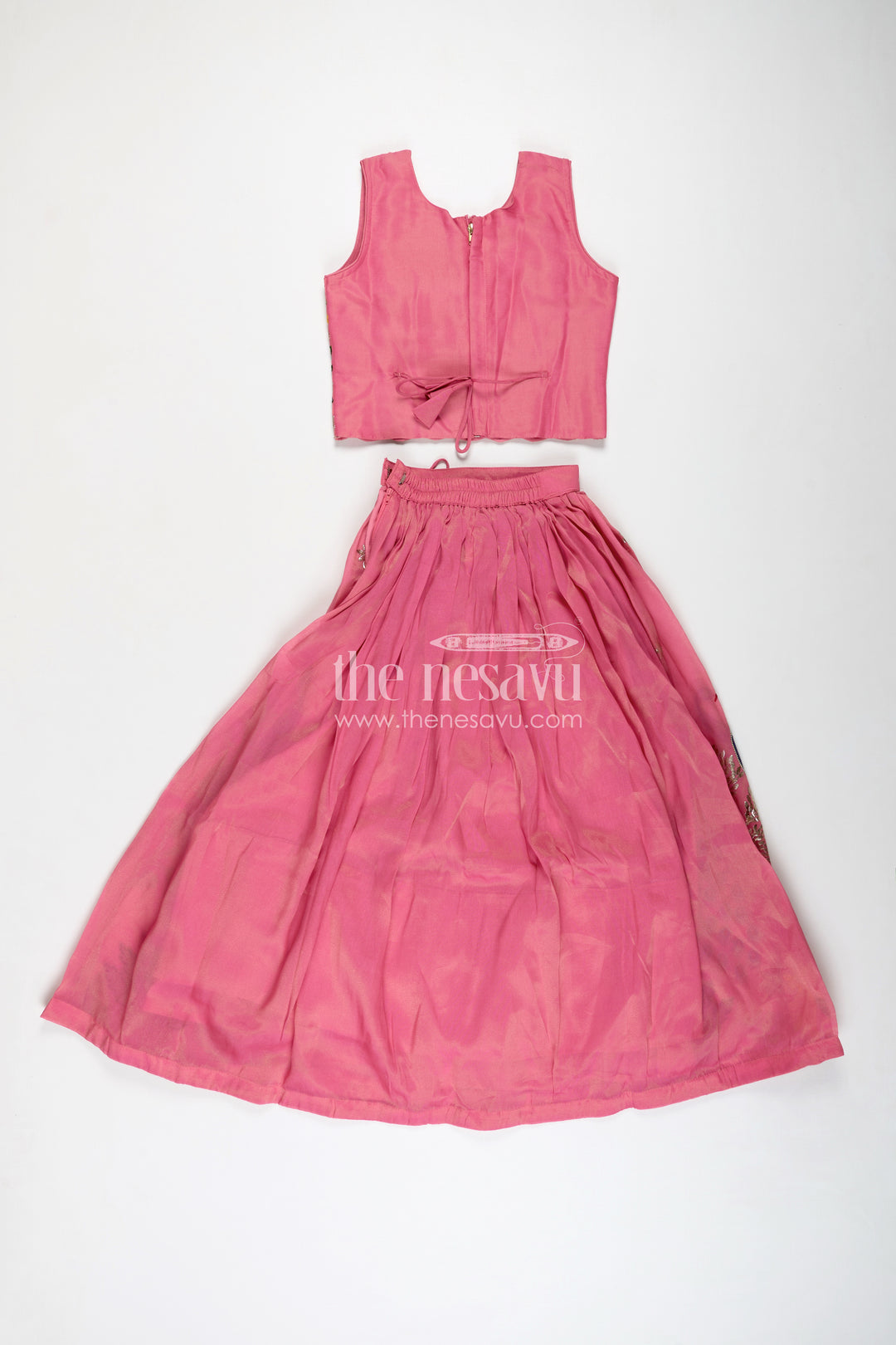 Girls Pink Lehenga in Kora Silk Cotton with Peacock Thread Embroidery and Sleeveless Choli Design